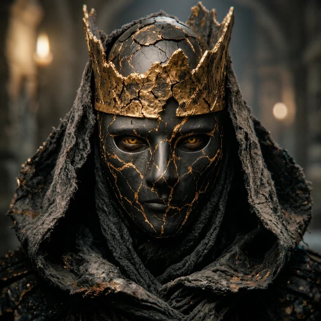 The masked king of Underdog City — a cracked black mask veined with gold, crowned in tarnished gold